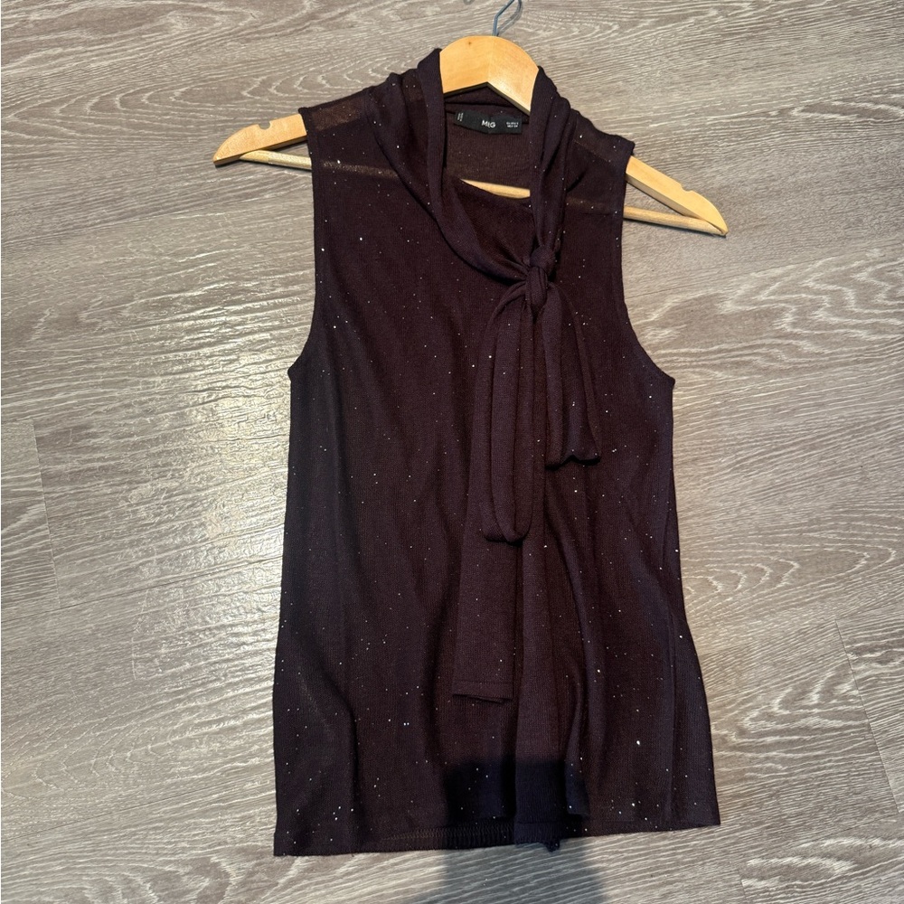 MANGO brown sleeveless top with tiny sparkly studs and tie front size small